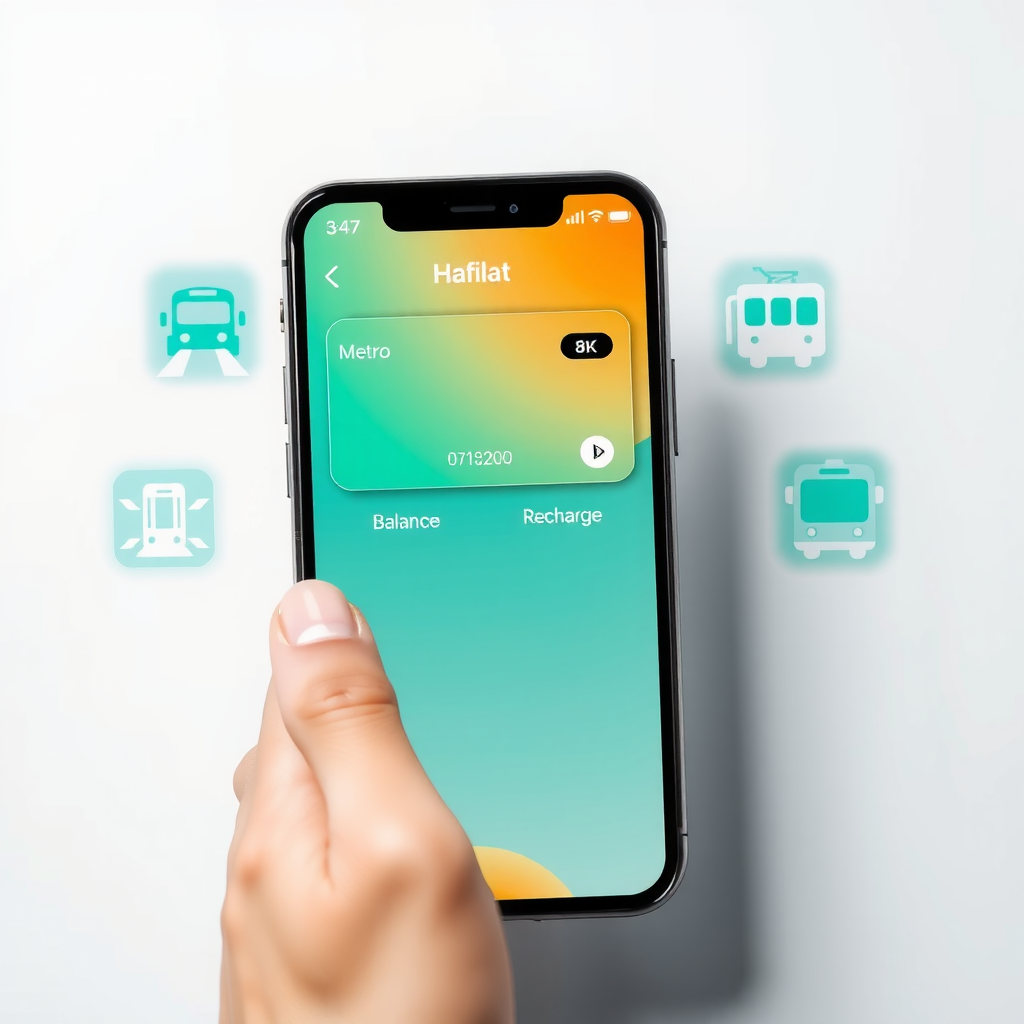 Modern smartphone displaying Hafilat card digital interface with balance and recharge options, surrounded by UAE transportation icons including metro, bus, and tram symbols in teal and orange gradient colors