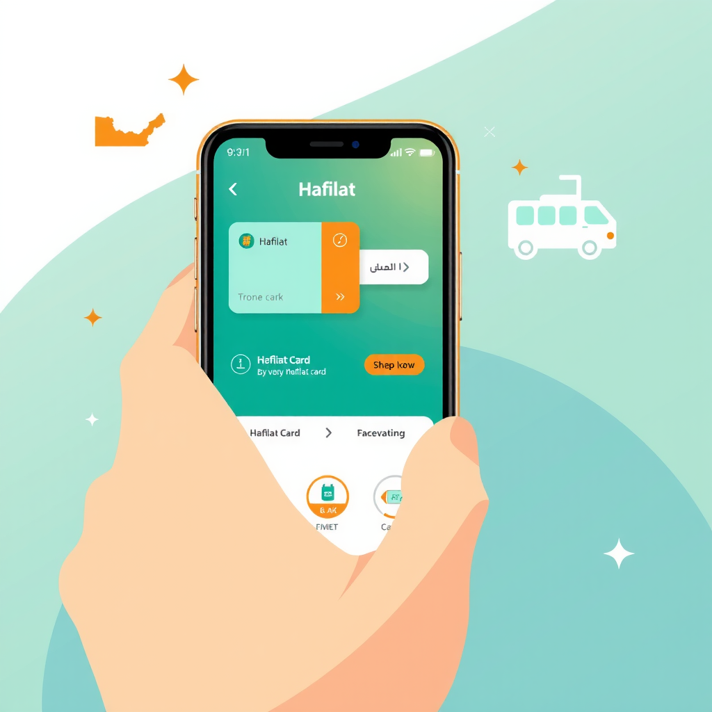 Professional illustration showing a person using a smartphone to manage their Hafilat card with digital interface elements, notification icons, and UAE public transportation symbols in modern teal and orange color scheme