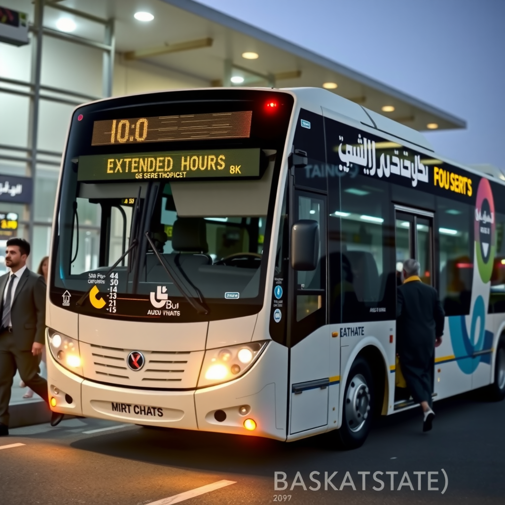 Modern Abu Dhabi public bus at a well-lit bus station during evening hours with passengers boarding, digital display showing extended service hours, contemporary urban transportation infrastructure
