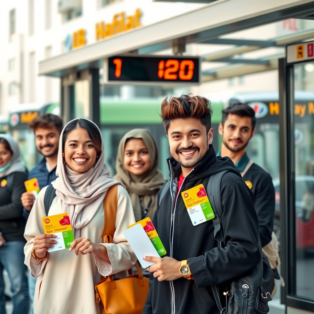 Diverse group of university students holding Hafilat cards at a modern bus stop, smiling and using public transportation, contemporary Abu Dhabi campus setting with buses in background
